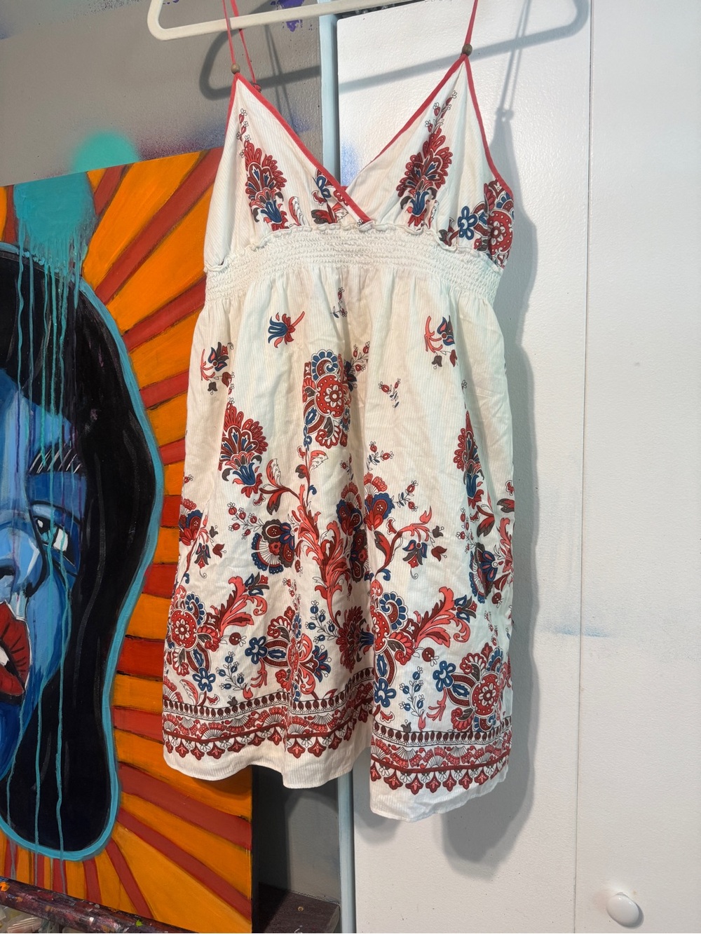 Aeropostale XL White Red Blue Floral Cotton Cami Sundress Empire Waist Lined
